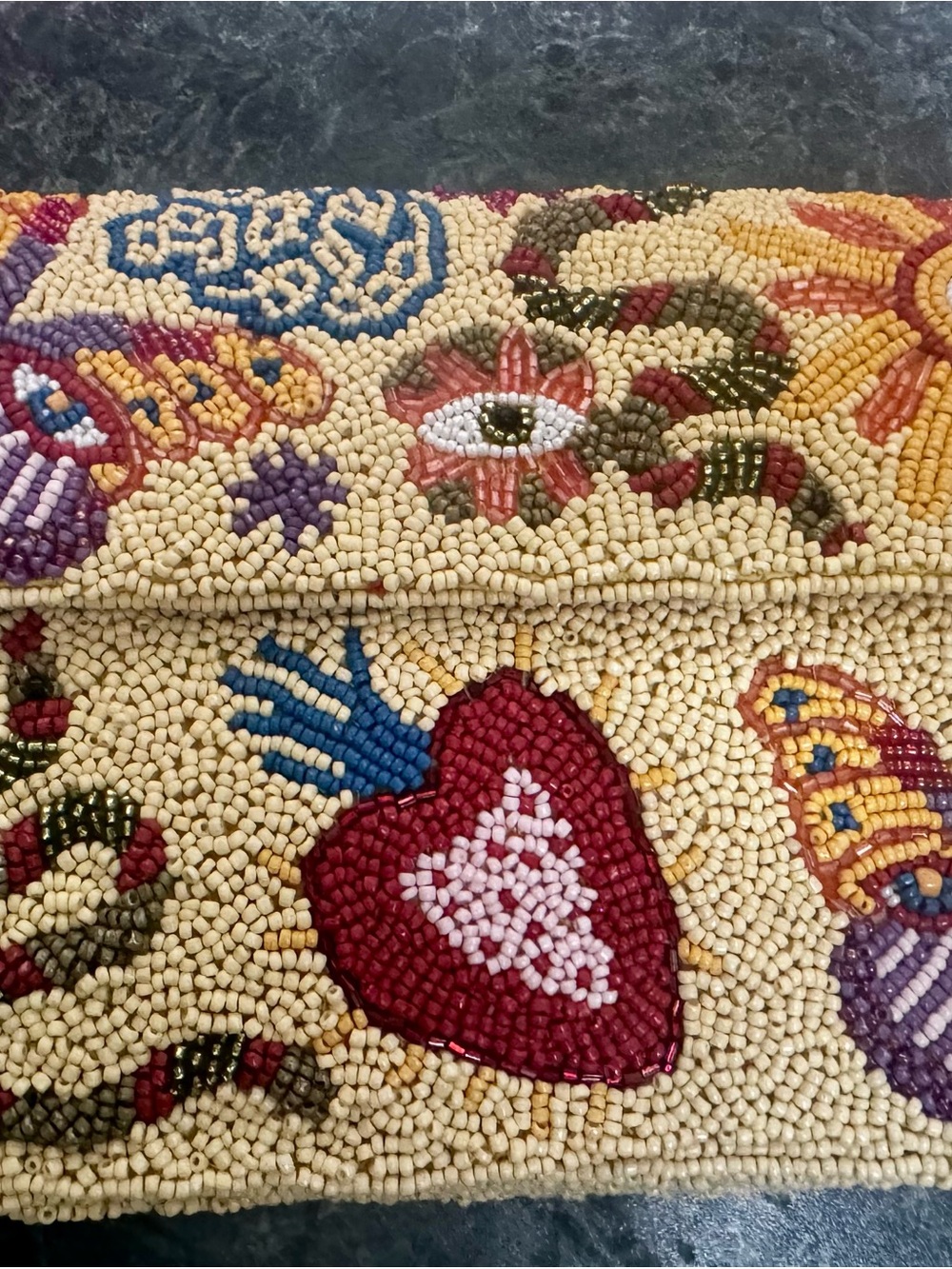 VIRAL beaded Heart Motif purse in yellow , Red & Blue